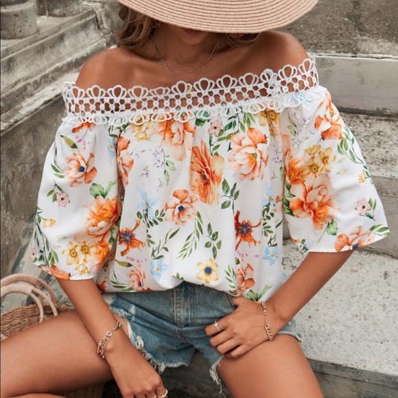 Tops - Boho Floral Print Lace Off Drop Shoulder Top Blouse